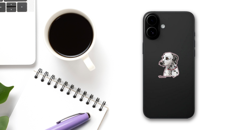 Mauve Dalmatian Sticker on a Phone (New) example