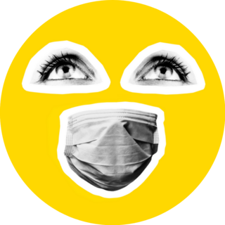 Medical Mask Eyes And Mouth Close-up On Yellow Sticker