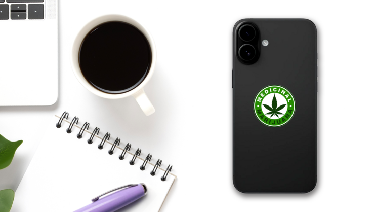 Medicinal Marijuana Label Sticker on a Phone (New) example