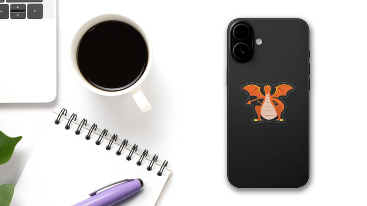 Menacing Orange Dragon Sticker on a Phone (New) example