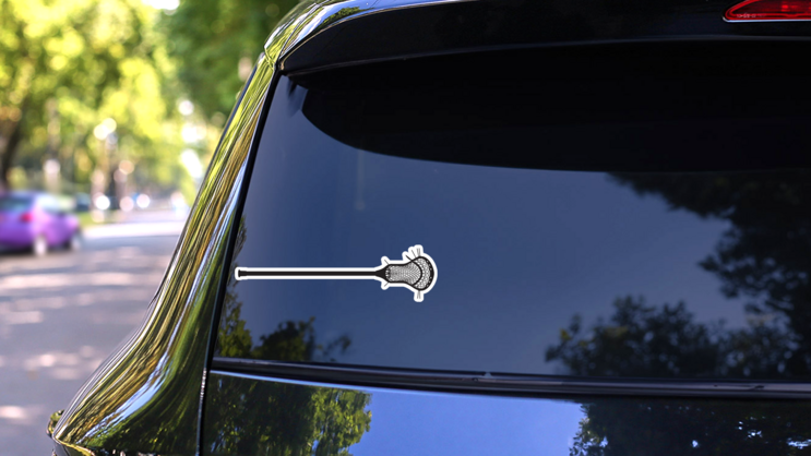 Mens Lacrosse Stick Sticker on a Rear Car Window (New) example