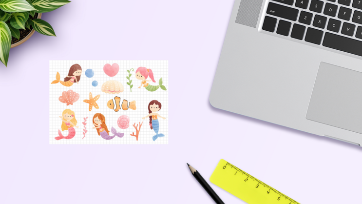 Mermaid Underwater Sticker Sheet on a Desk (New) example