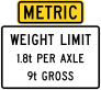 Metric Weight Limit 1.8T Per Axle 9T Gross Sticker