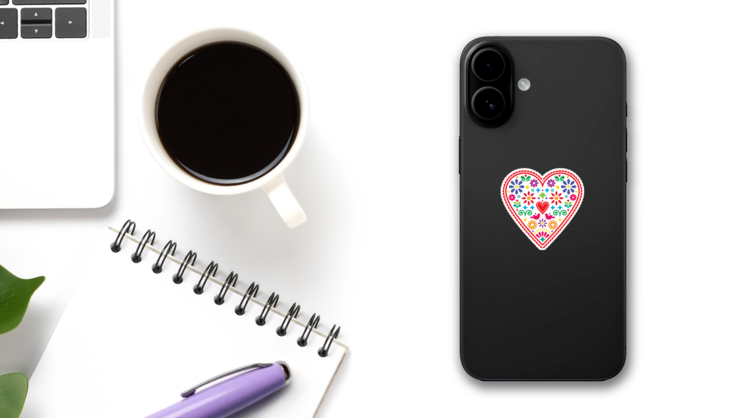 Mexican Heart Folk Art Sticker on a Phone (New) example