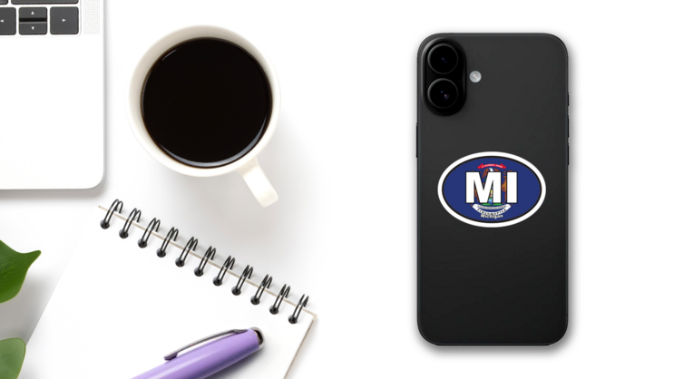 Michigan Mi State Flag Oval Sticker on a Phone (New) example