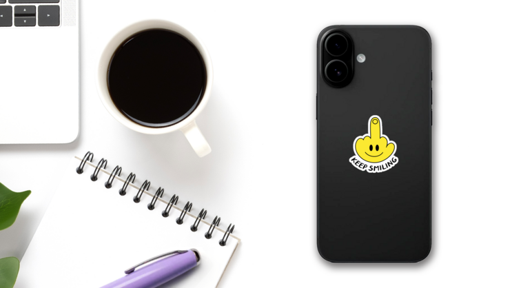 Middle Finger Smiley Face Keep Smiling Sticker on a Phone (New) example