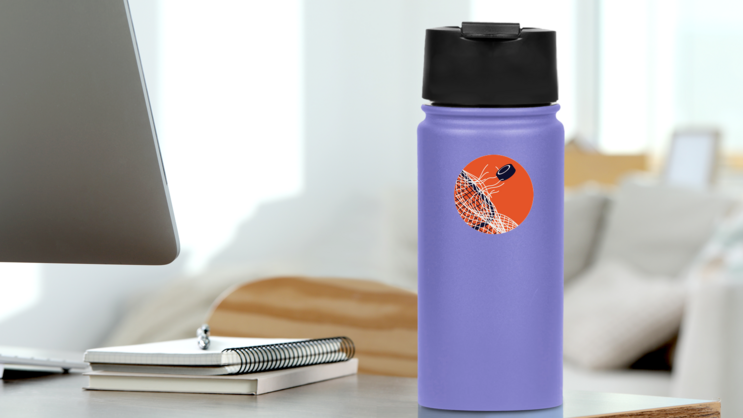 Minimal Style Hockey Puck Breaks Through Goal Net Sticker on a Water Bottle (New) example