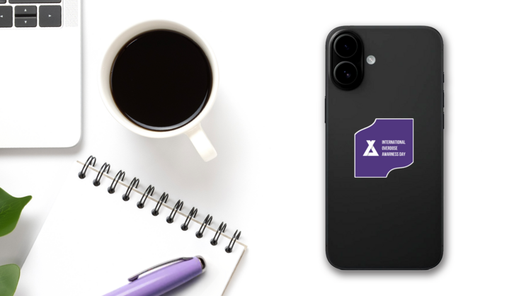 Minimalist Overdose Awareness Day Purple Banner Sticker on a Phone (New) example