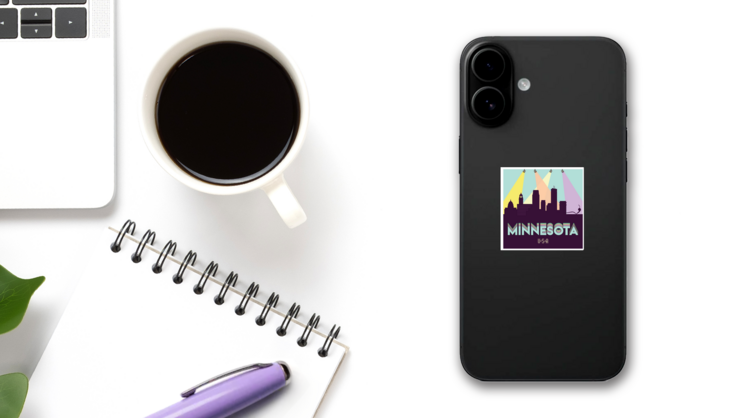 Minnesota Usa Skyline Silhouette Rainbow Sticker on a Phone (New) example