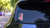 Mississippi Map On American Flag Sticker on a Rear Car Window (New) example