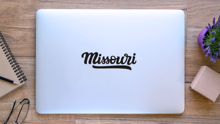 Missouri Calligraphy Sticker on a Laptop (New) example