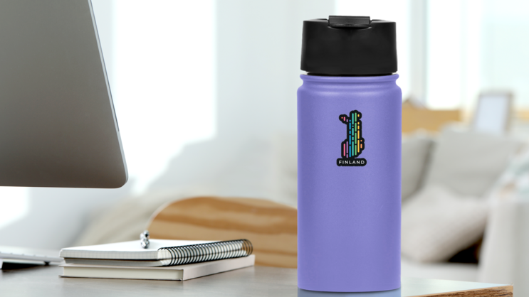 Modern Colorful Finland Map Sticker on a Water Bottle (New) example