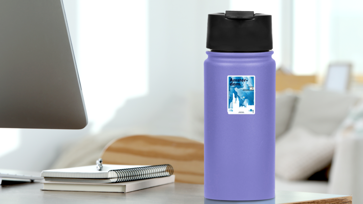 Modern Netherlands Amsterdam Skyline Gradient Sticker on a Water Bottle (New) example