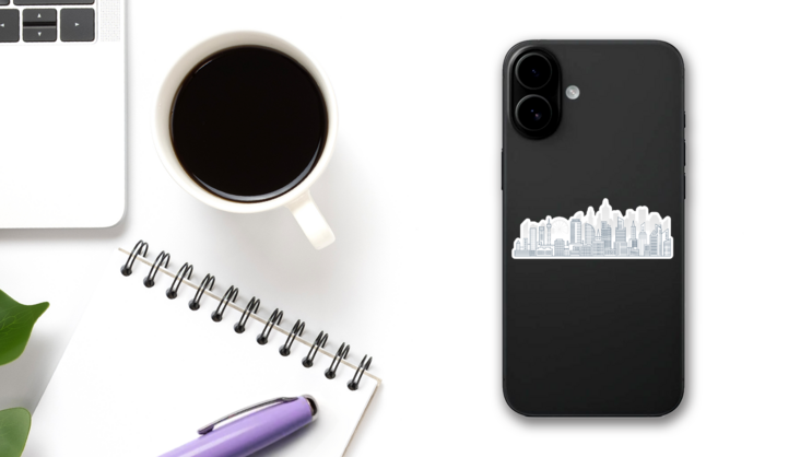 Modern Outline Line Big Urban City Panorama Background Sticker on a Phone (New) example