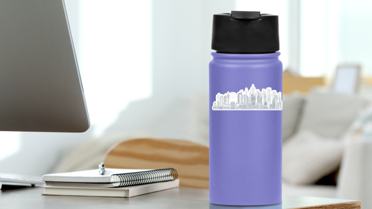 Modern Outline Line Big Urban City Panorama Background Sticker on a Water Bottle (New) example
