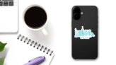 Modern Silhouette Of The New York City Skyline Turquoise Sticker on a Phone (New) example