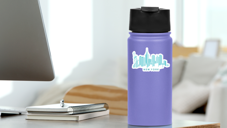 Modern Silhouette Of The New York City Skyline Turquoise Sticker on a Water Bottle (New) example