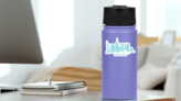 Modern Silhouette Of The New York City Skyline Turquoise Sticker on a Water Bottle (New) example