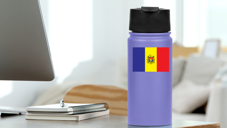 Moldova Flag Sticker on a Water Bottle (New) example