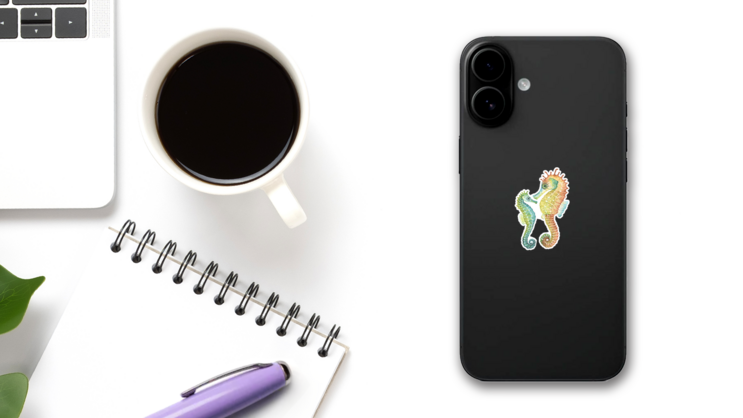 Mom And Baby Seahorses, Watercolor Sticker on a Phone (New) example