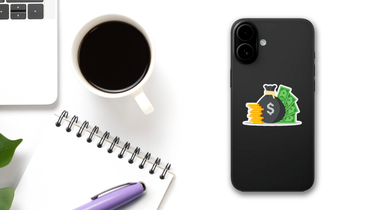 Money Bag Dollars and Coins Illustration Sticker on a Phone (New) example