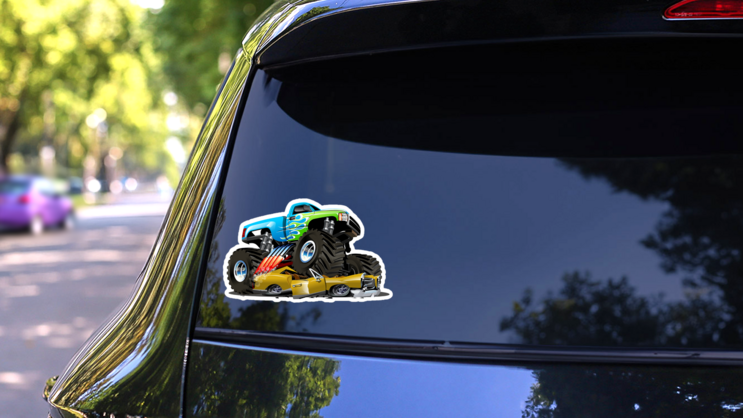 Monster Truck Crushing Car Sticker on a Rear Car Window (New) example