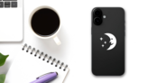 Moon Smiling At Stars Sticker on a Phone (New) example