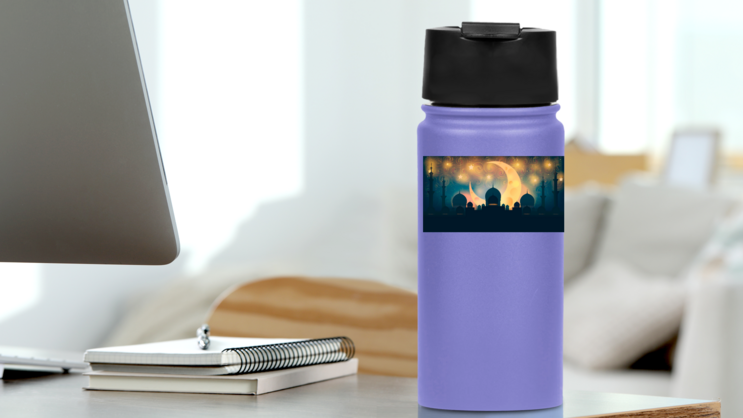 Mosque Silhouette Crescent Moon Sticker on a Water Bottle (New) example