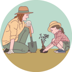 Mother And Daughter Are Planting In Garden Sticker