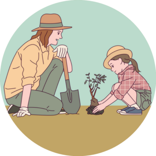 Mother And Daughter Are Planting In Garden Sticker