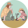 Mother And Daughter Are Planting In Garden Sticker