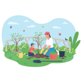 Mother And Son Planting Tree In Garden Sticker