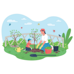 Mother And Son Planting Tree In Garden Sticker