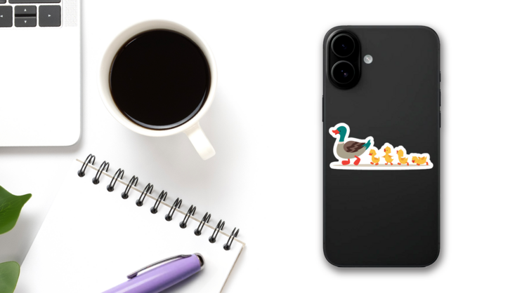 Mother Duck And Ducklings Cute Baby Ducks Walking Sticker on a Phone (New) example