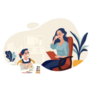Mother Working At Home With Daughter Playing Illustration Sticker