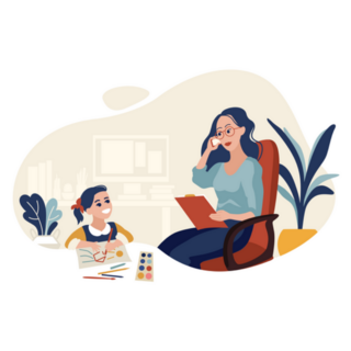 Mother Working At Home With Daughter Playing Illustration Sticker