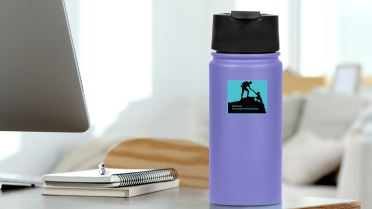 Mountain Climbing Day Blue Sticker on a Water Bottle (New) example