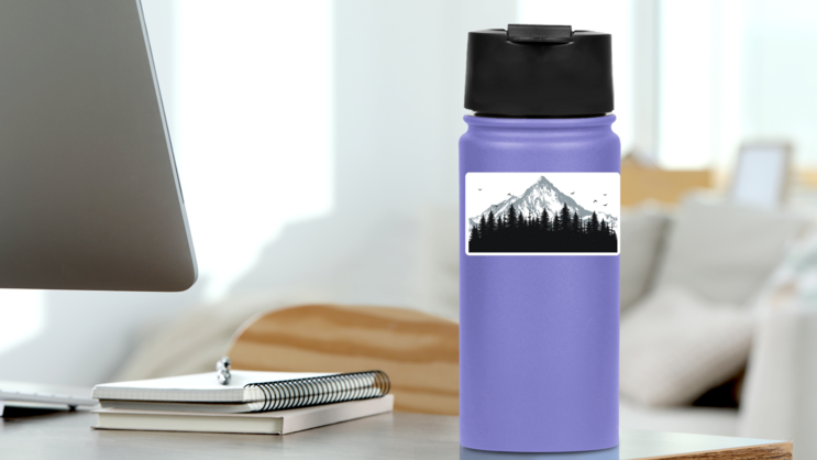 Mountain Landscape With Birds Sticker on a Water Bottle (New) example