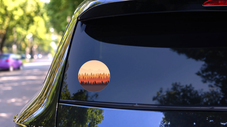 Mountain Landscape With Bright Color Of Sky And Trees Sticker on a Rear Car Window (New) example