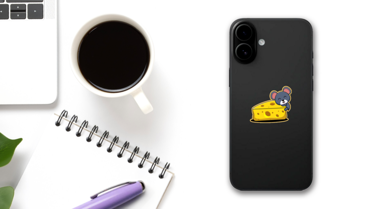 Mouse Hugging Cheese Sticker on a Phone (New) example