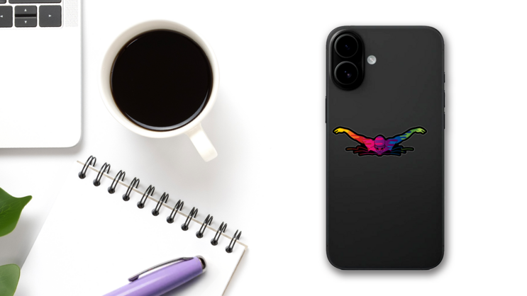 Multicolor Man Swimming Butterfly Sticker on a Phone (New) example