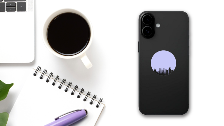 Multilayer Silhouette Of A Night City On A Gray Background Sticker on a Phone (New) example