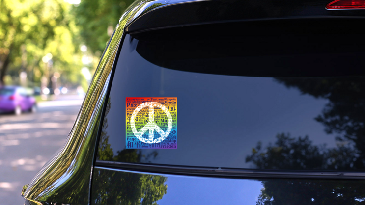 Multilingual Peace Sign Text Sticker on a Rear Car Window (New) example