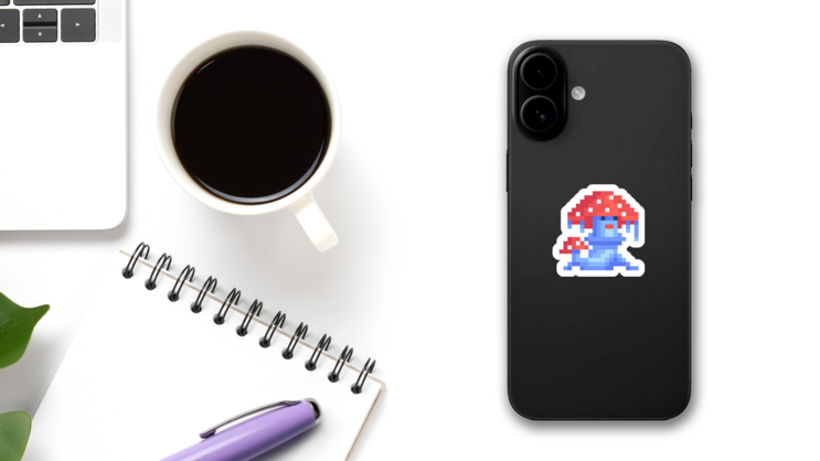 Mushroom Character In Pixel Art Style Sticker on a Phone (New) example