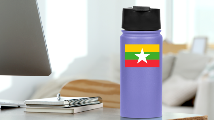 Myanmar Flag Sticker on a Water Bottle (New) example