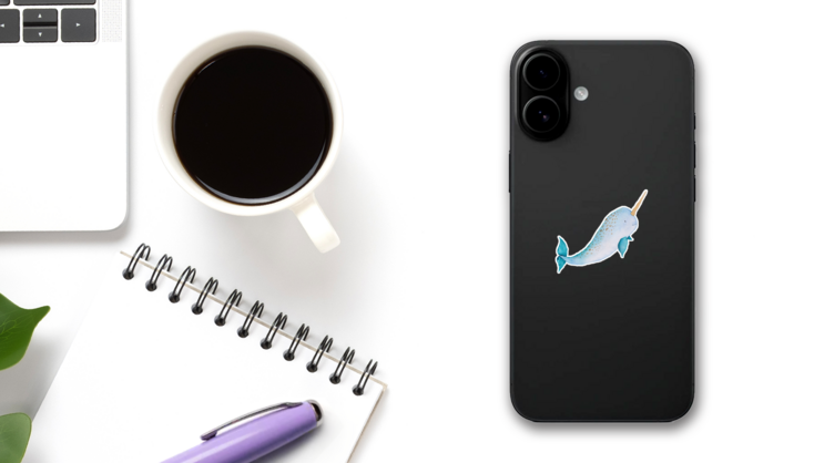 Narwhal Sea Animal Watercolor Sticker on a Phone (New) example