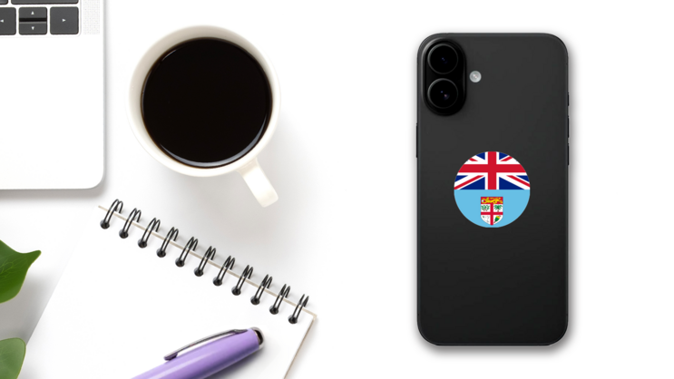 National Flag Republic Of Fiji Circle Sticker on a Phone (New) example