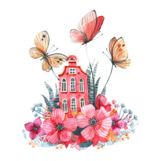 Netherlands Pink House In Flowers And Butterflies Sticker
