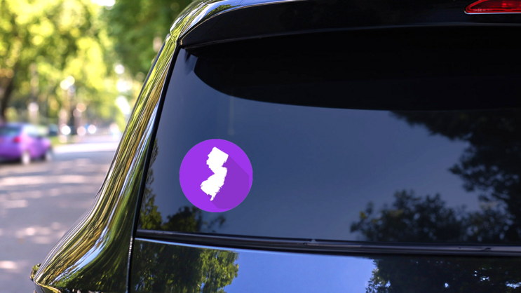 New Jersey Map On Purple Sticker on a Rear Car Window (New) example