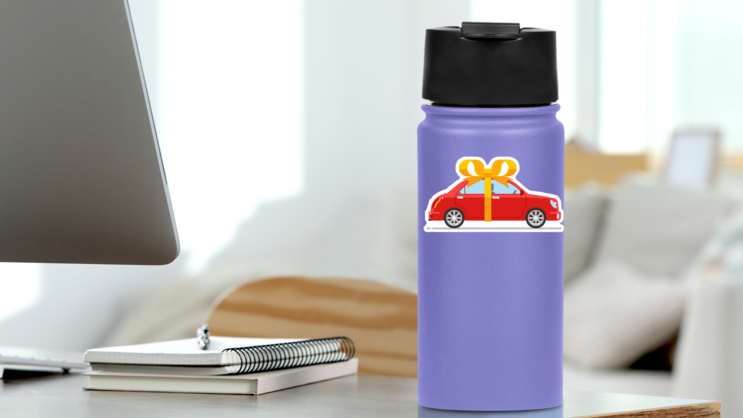 New Red Car With Gold Bow Sticker on a Water Bottle (New) example